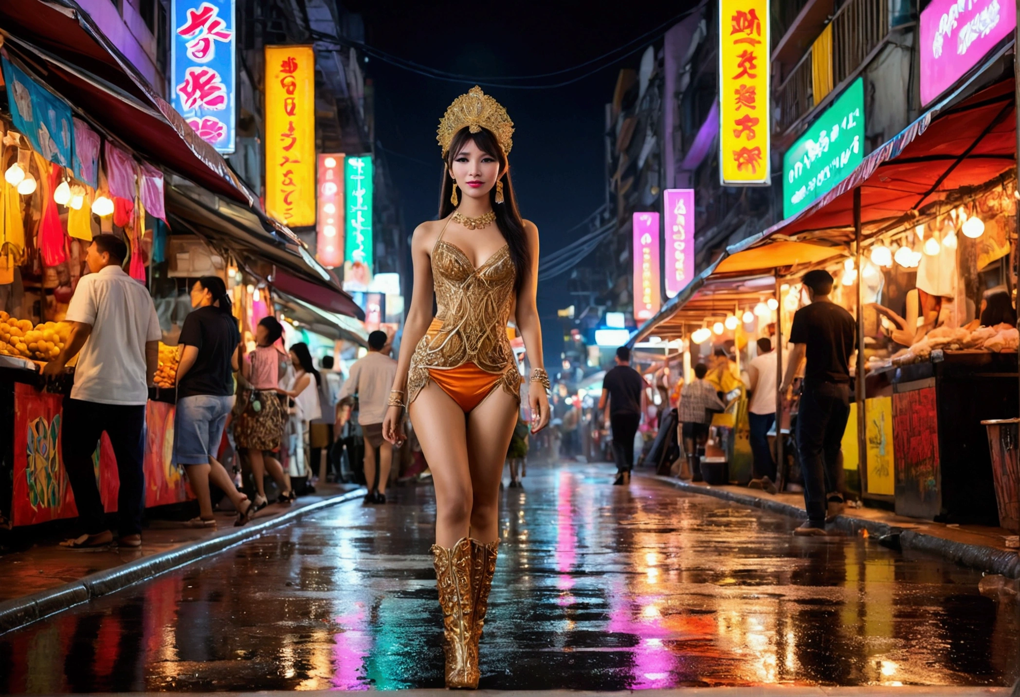 (Nude, missing clothing, pubic_hair, waist chain:2) gorgeous sexy Polynesian|Filipina|Asian woman shopping in crowded plaza street, long_hair, holding shopping bags, thicc thighs, hourglass_figure, narrow_waist, neon lights, hair light, side lighting