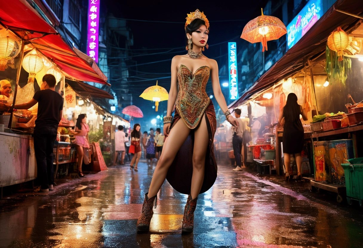 (natural, lanky) Thai ladyboy, (dressed sexy) walking a crowded street at night, (vibrant nightlife) (neon lights:1.1), (exotic atmosphere:1.1), (celebratory vibes:1.2), (street market:1.1), (colorful stalls), (enticing aromas), (lively music), (energetic crowd), (hustle and bustle), (urban backdrop), (rain-soaked pavement), (reflection of lights), (smoky atmosphere), (glamorous makeup), (stunning outfits), (confident strut), (charismatic aura), (captivating presence), (trendsetting fashion), (ornate accessories), (high-heeled boots), (head-turning hairstyles), (fashion-forward), (stylish pose), (curious gazes), (admiring glances), (friendly smiles), (young and trendy), (mix of cultures), (joyful conversations), (fascinating conversations), (diverse street performers), (exquisite street food), (exotic flavors), (culinary delights), (vibrant colors), (hustling vendors), (street art), (nighttime photography), (dynamic energy), (urban exploration), (enchanting experience), (adventurous spirit), (unforgettable moments).