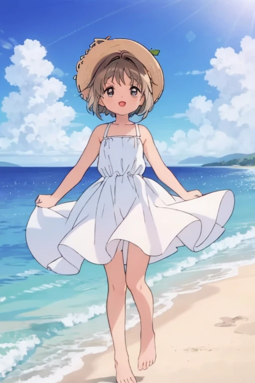 High resolution backgrounds,Beautiful background,anime, cute,Midsummer Beach,Cumulonimbus clouds floating on the horizon,Reflective and sparkling sea surface,9-year-old girl,A white summer dress with only straps around the shoulders,Chestnut Hair,Short Bob Hair,barefoot,Happy expression,White straw hat,Lens flare,The hem of a skirt fluttering in the wind,Cowboy Shot