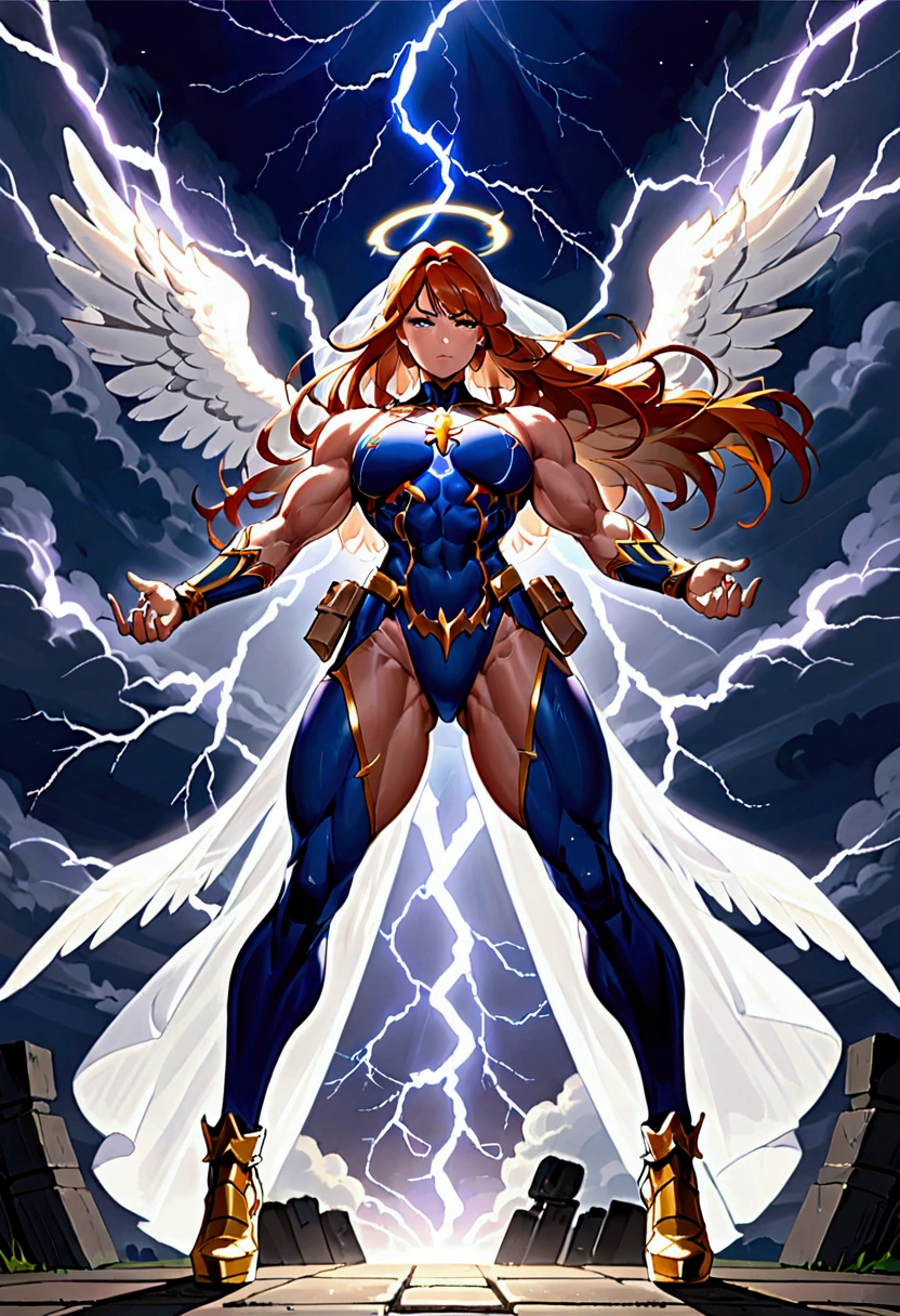 a_mighty_female_Valkyrie (((strong big muscles, heavy weighted))) a_sisters_veil_on_head (a navy blue veil) skin_color (light brown skin with freckles on face) eye_color (eyes are green) hair_color (brown and orange hair) armor_for_torso (silver gray armor) pants (bell bottom pants blue) high_heel_boots (white high heel boots) super_power_of_lightning ((casting lightning from hands)) (((masterpiece, Best quality, amazing, beautiful, heroic, saving the day, high resolution, angel wings)))