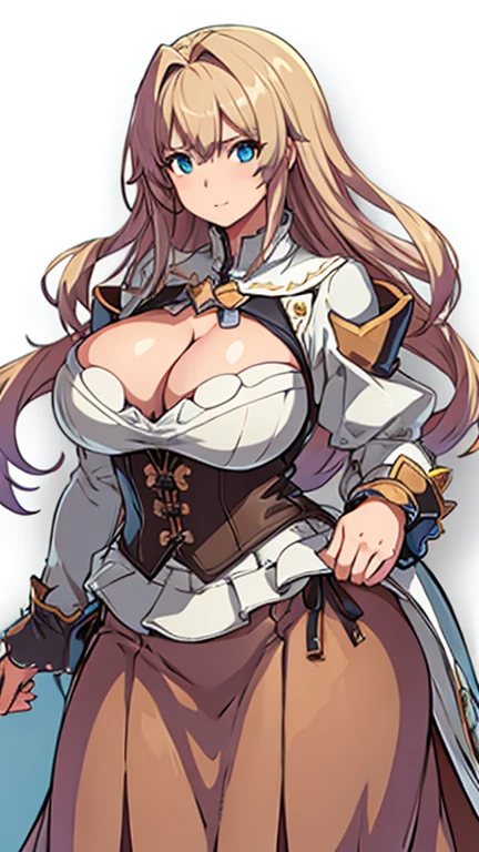 High detailed, 1 girl, light Brown long spiked hair, busty, firm plump body, , Juliet sleeves, pencil BLUE skirt, deep cleavage, Juliet sleeves
