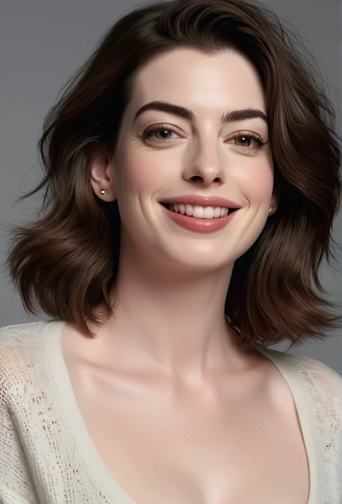 a woman anne Hathaway flirty smiling, wearing a long sleeve tshirt with mom jeans, 30 years old, entire body visible, short plump body, chubby, detailed facial features, beautiful detailed eyes, beautiful detailed lips, extremely detailed eyes and face, long eyelashes, detailed clothing, realistic, photorealistic, photo-realistic:1.37, best quality,4k,8k,highres,masterpiece:1.2,ultra-detailed,realistic lighting, warm color tones, soft focus, beautiful skin, natural expression