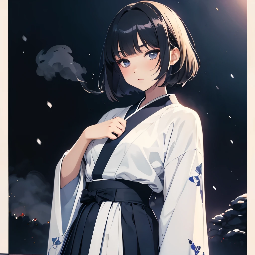 16 years old,one woman,midnightblue skirt,white kimono,black garter belt,cute face,beautiful face,smokey eye makeup,expressionless,medium hair,black hair,illustration style,anime style,high quality,japanese,snow
