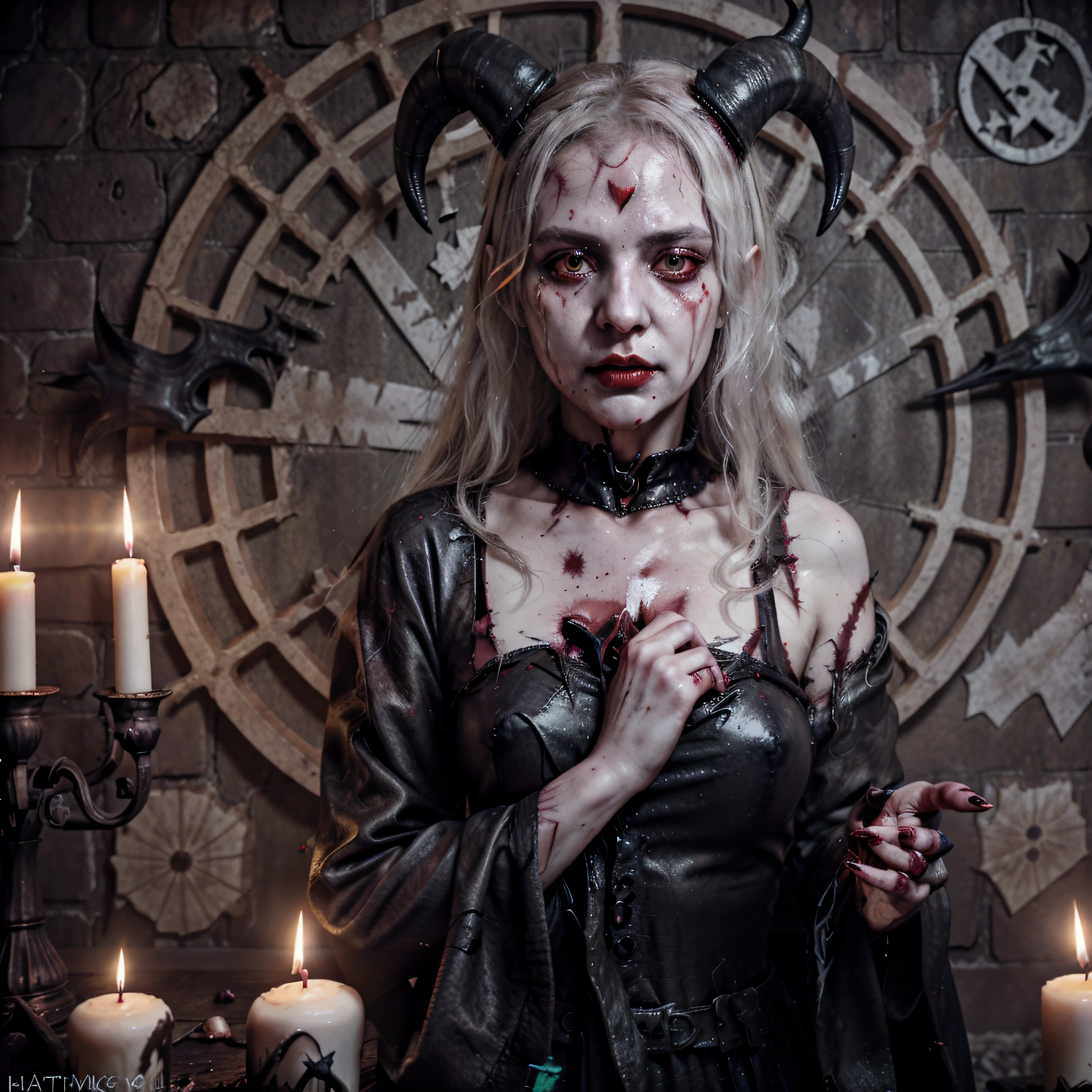 witch with horns and makeup holding a candle in front of a circular sign, scary horrible satanic rituals, white horns demon queen, demonic magic ritual, together | medieval, satanism, Dark goddess with six arms, evil sorceress witch, gothic horror vibes, Beautiful and elegant demon queen, The witch's spell, killer star, Portrait of a dark witch, gothic fantasy art