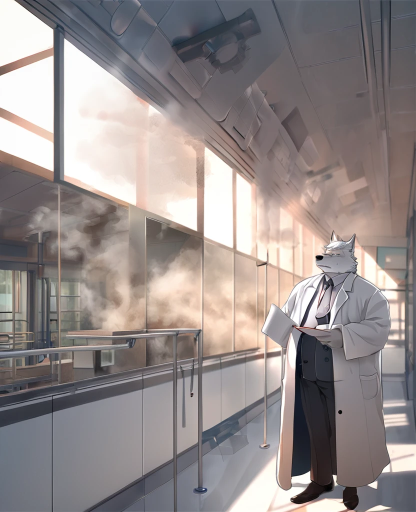 Solitary，Wolf，personification，Mature male，Strong man，White hair，Red pupil，White doctor robe，The Age of Steam，Hospital Office，A creative perspective。