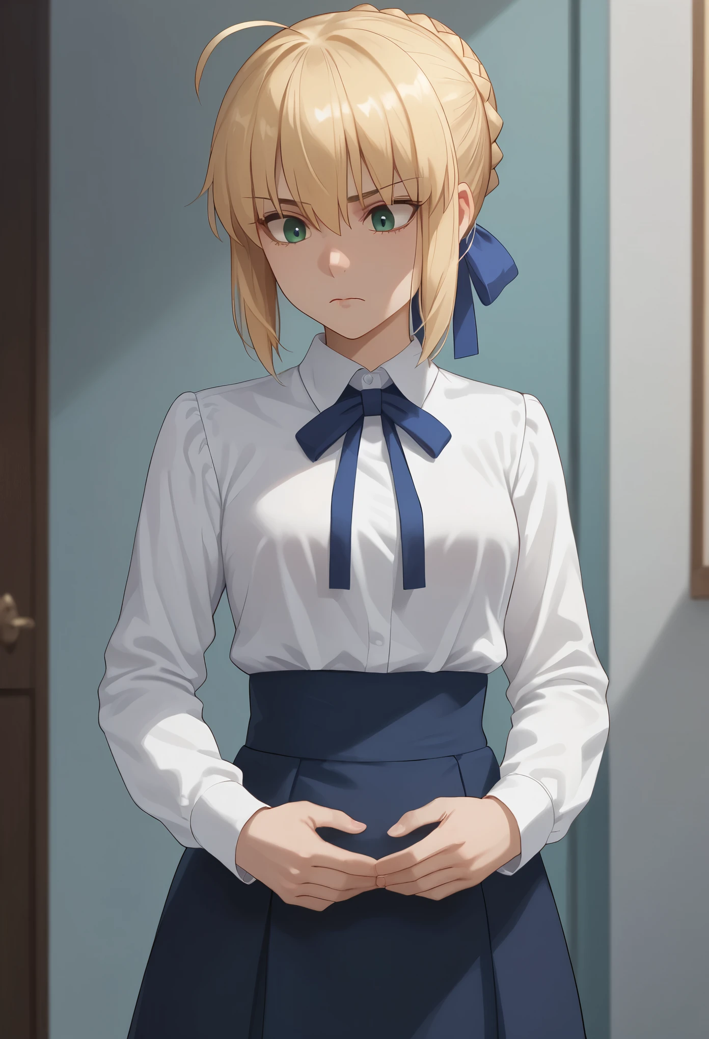 score_9,score_8_up,score_7_up, 1girl, solo, character: artoria_pendragon_(fate), character: saber_(fate), green_eyes, hair_between_eyes, blonde_hair, short_hair, single_hair_bun, ahoge, braid, braided_bun, hair_bun, hair_ribbon, sidelocks, shirt, white_shirt, blue_ribbon, long_sleeves, ribbon, black pantyhoses, confused face ,hands on body, standing, indoor, hall, looking down, 