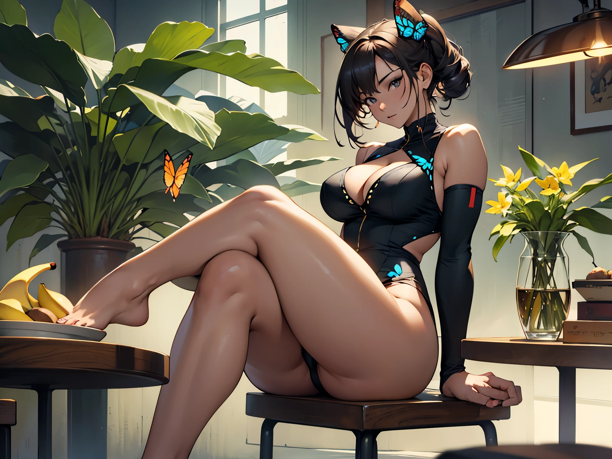  sitting with their knees bent outward and their feet close togethe，sitting "wide-legged" or having legs in a "butterfly" position；spreading legs， Open her legs，a mature woman with big round pump breasts，deep cleavage，thick thighs，fleshy thighs，long legs，holding a banana。sitting on the table，Wearing Nuotang capacity