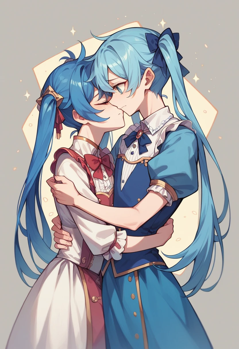 high quality,masterpiece。Cute blue haired human crossdresser,His hair is in long twin tails。He stands upright with his face and body facing the viewer.,True Identity。His hands are empty,Don't move your hands。he looks like this 。His chest is flat,Good style。He is smiling with a cute face,Eye color is blue,Both are the same color。Magical Girl Costume,Costumes with flashy designs such as ribbons and frills,The costume has a white and light blue color scheme..。スカートはmini skirt,両手にLong gloves,Long socks on both feet,mini skirt, Long gloves, The long socks are all white.。He stands,You are standing indoors。