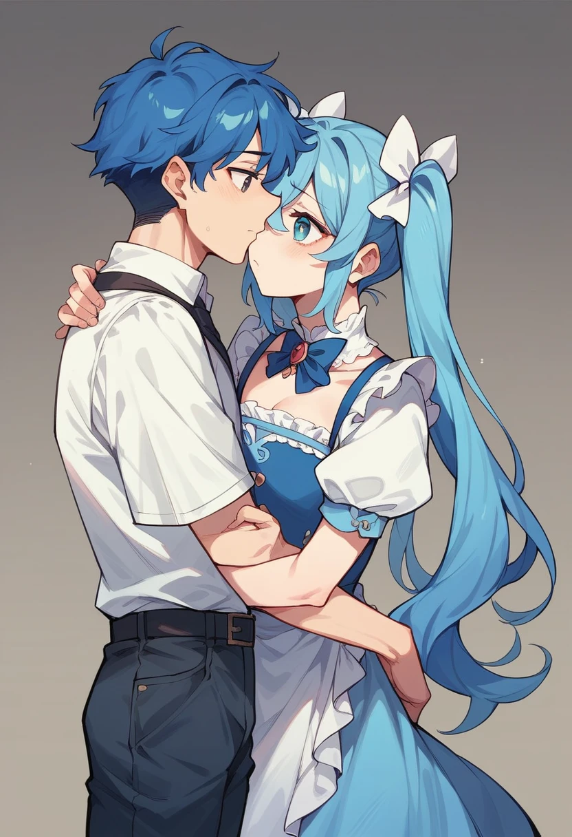 high quality,masterpiece。Cute blue haired human crossdresser,His hair is in long twin tails。He stands upright with his face and body facing the viewer.,True Identity。His hands are empty,Don't move your hands。he looks like this 。His chest is flat,Good style。He is smiling with a cute face,Eye color is blue,Both are the same color。Magical Girl Costume,Costumes with flashy designs such as ribbons and frills,The costume has a white and light blue color scheme..。スカートはmini skirt,両手にLong gloves,Long socks on both feet,mini skirt, Long gloves, The long socks are all white.。He stands,You are standing indoors。