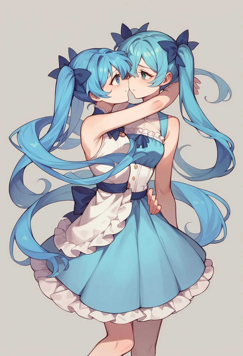 high quality,masterpiece。Cute blue haired human crossdresser,His hair is in long twin tails。He stands upright with his face and body facing the viewer.,True Identity。His hands are empty,Don't move your hands。he looks like this 。His chest is flat,Good style。He is smiling with a cute face,Eye color is blue,Both are the same color。Magical Girl Costume,Costumes with flashy designs such as ribbons and frills,The costume has a white and light blue color scheme..。スカートはmini skirt,両手にLong gloves,Long socks on both feet,mini skirt, Long gloves, The long socks are all white.。He stands,You are standing indoors。