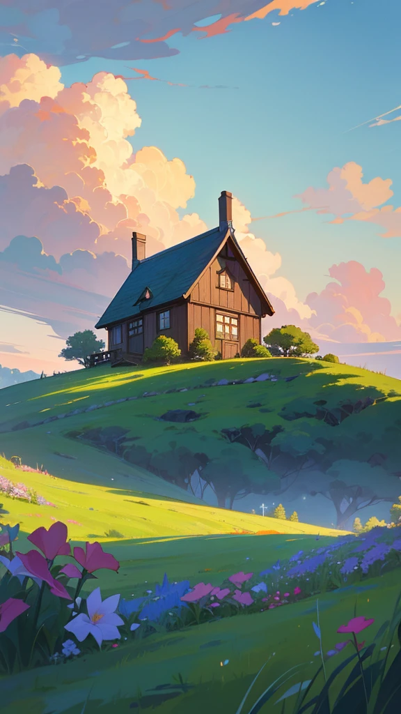 A stunning landscape with a cory cottage nestled in a lush, grassy field under a dramatic, cloud-filled sky. The scene features a large, vibrant tree in the foreground, with flowers and other greenery surrounding the cottage. The clouds in the sky are a mix of warm, golden hues and deep blues, creating an enchanting and serene atmosphere. This prompt could be described as: A serene, idyllic landscape with a charming cottage, lush greenery, and a dramatic, colorful sky, in the style of a digital painting or lustration