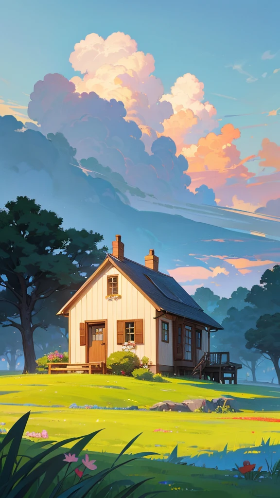 A stunning landscape with a cory cottage nestled in a lush, grassy field under a dramatic, cloud-filled sky. The scene features a large, vibrant tree in the foreground, with flowers and other greenery surrounding the cottage. The clouds in the sky are a mix of warm, golden hues and deep blues, creating an enchanting and serene atmosphere. This prompt could be described as: A serene, idyllic landscape with a charming cottage, lush greenery, and a dramatic, colorful sky, in the style of a digital painting or lustration