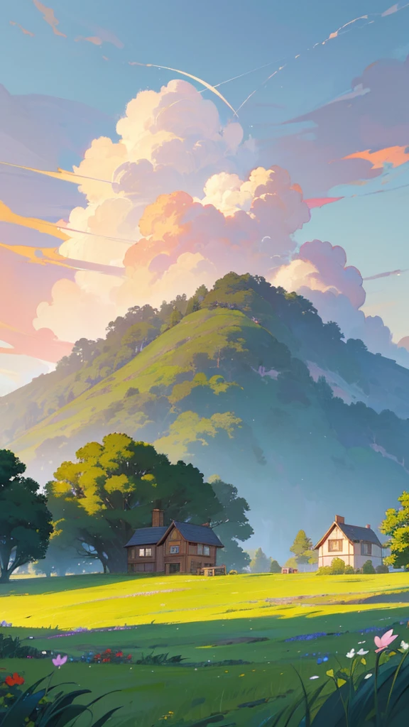 A stunning landscape with a cory cottage nestled in a lush, grassy field under a dramatic, cloud-filled sky. The scene features a large, vibrant tree in the foreground, with flowers and other greenery surrounding the cottage. The clouds in the sky are a mix of warm, golden hues and deep blues, creating an enchanting and serene atmosphere. This prompt could be described as: A serene, idyllic landscape with a charming cottage, lush greenery, and a dramatic, colorful sky, in the style of a digital painting or lustration