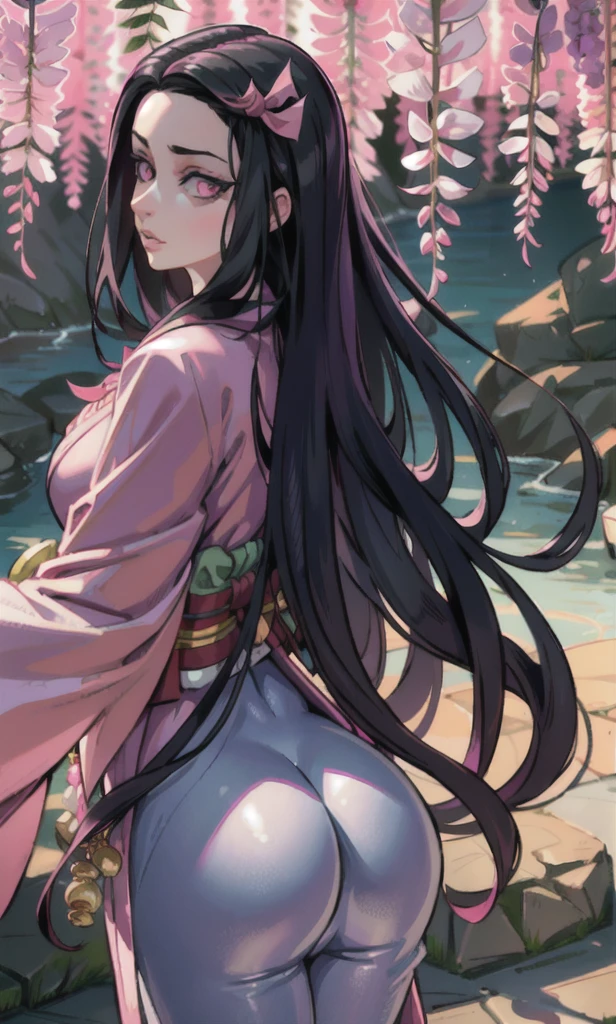work of art, (pink kimono), alluring face, good lighting, neckleace, fine-details, work of art, glare eyes, 1 girl, Bblack hair, suction, nezuko kamado, wisteria background, work of art, best qualityer, ass pov,,