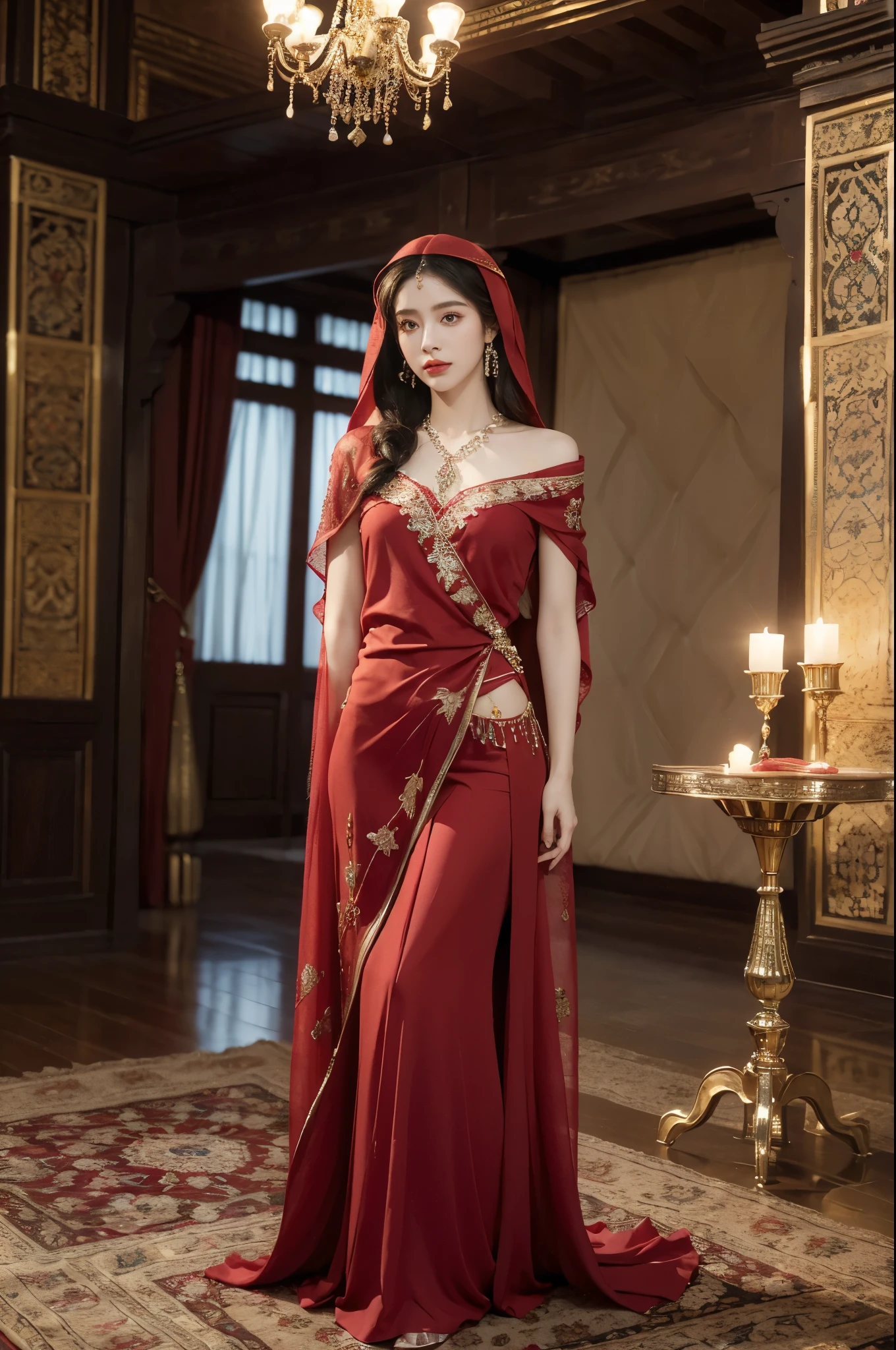 (((best quality))),(((ultra detailed))),(((masterpiece))),illustration,((1girl,Arabian dancer,solo)),(red hijab:1.3),((slim,thin)),((small breasts,flat chest)),((earrings,necklace)),((pearls,jewels,gemstones)),(slender legs:1.2),(high heels:1.2),(night scene:1.3),(standing:1.3),(arms behind back:1.5),(in luxurious palace:1.3),(indoor:1.3),(gorgeous embroidered red abaya:1.3), intricate patterns,((Arabian theme,Middle Eastern culture)),(shoulder length straight hair:1.2),(sheer veil on face:1.3),mystery, ornate furnishings, decorations, enchantment, magic, Persian magic carpet,night sky, floating,Aladdin's lamp, flame, fulfillment of desires,candlelight,romance,One Thousand and One Nights, coherent narrative, dreamlike atmosphere, deep emotions, graceful movements, passion, face beneath the veil, beloved's dream, timeless beauty, enchantment,magical world, wondrous journey,((from front,full body))