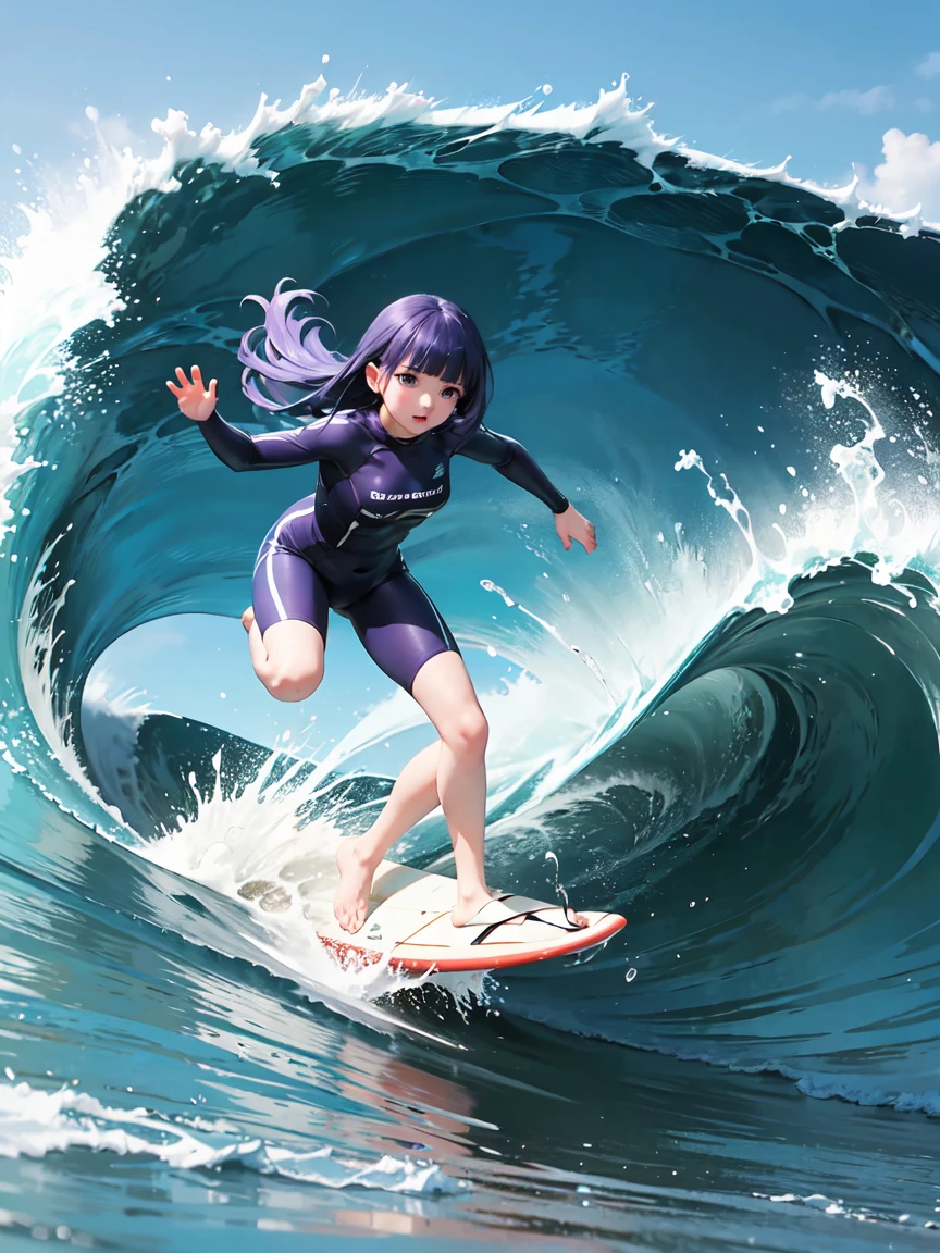 (surfing), Big Wave, performance, surfboard, dynamic, Splash of the sea, Sports, action, girl, alone, (Rika Furude), Blue Hair, Purple eyes, Long Hair, blunt bangs, bangs, I&#39;m 11 years old, 