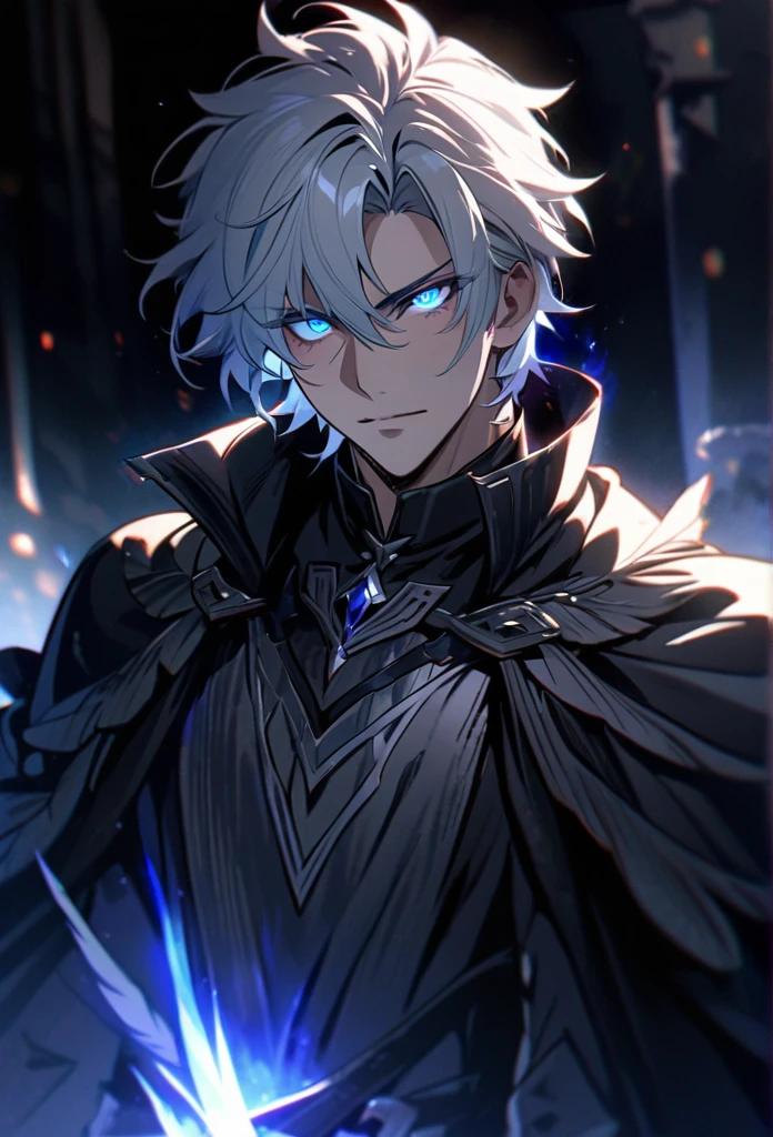 theos: male, solo, handsome, silver hair, shadow, experienced, dark silver general cloak, blue eyes, beautiful eyes, glowing eyes, high detail, masterpiece, villain, middle-age, silver aura, holo, macro picture, mature, anti hero, parted bang, short hair, feather on shirt,