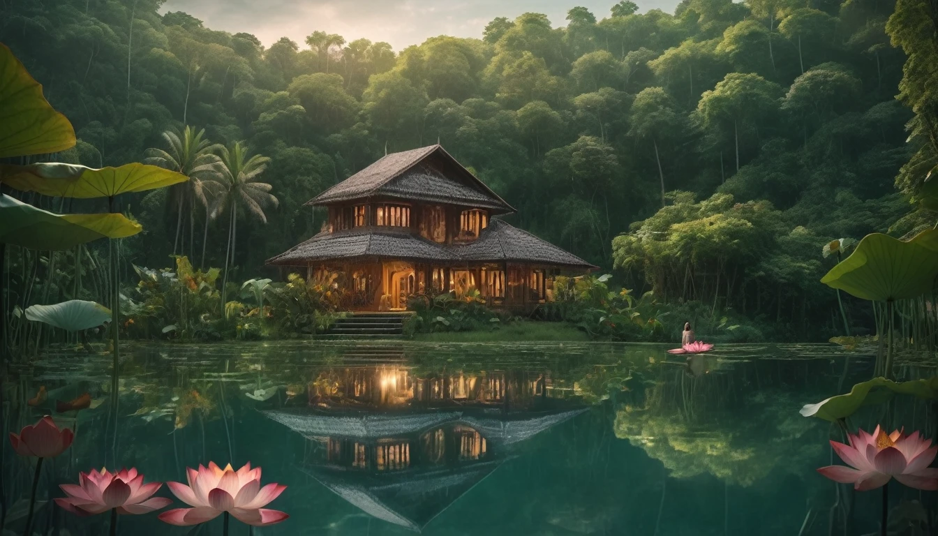 Namaste. Person in lotus meditating. intricate imagery. Beautiful landscape of a house on the edge of a lake in a tropical forest. Intricate details Cinematic lighting. 