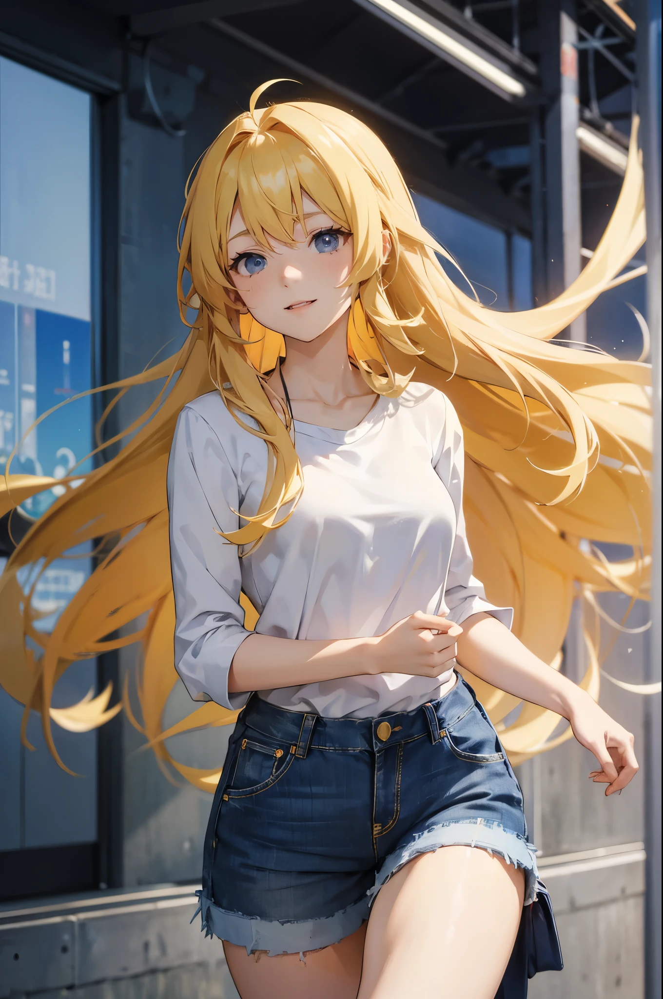 anime girl with long hair and a white shirt and blue jeans, anime visual of a cute girl, anime girl with long hair, blonde anime girl with long hair, young anime girl, an anime girl, (anime girl), cute anime girl, pretty anime girl, female anime character, portrait of cute anime girl, anime character, anime style character, in an anime style. slim:1.5,