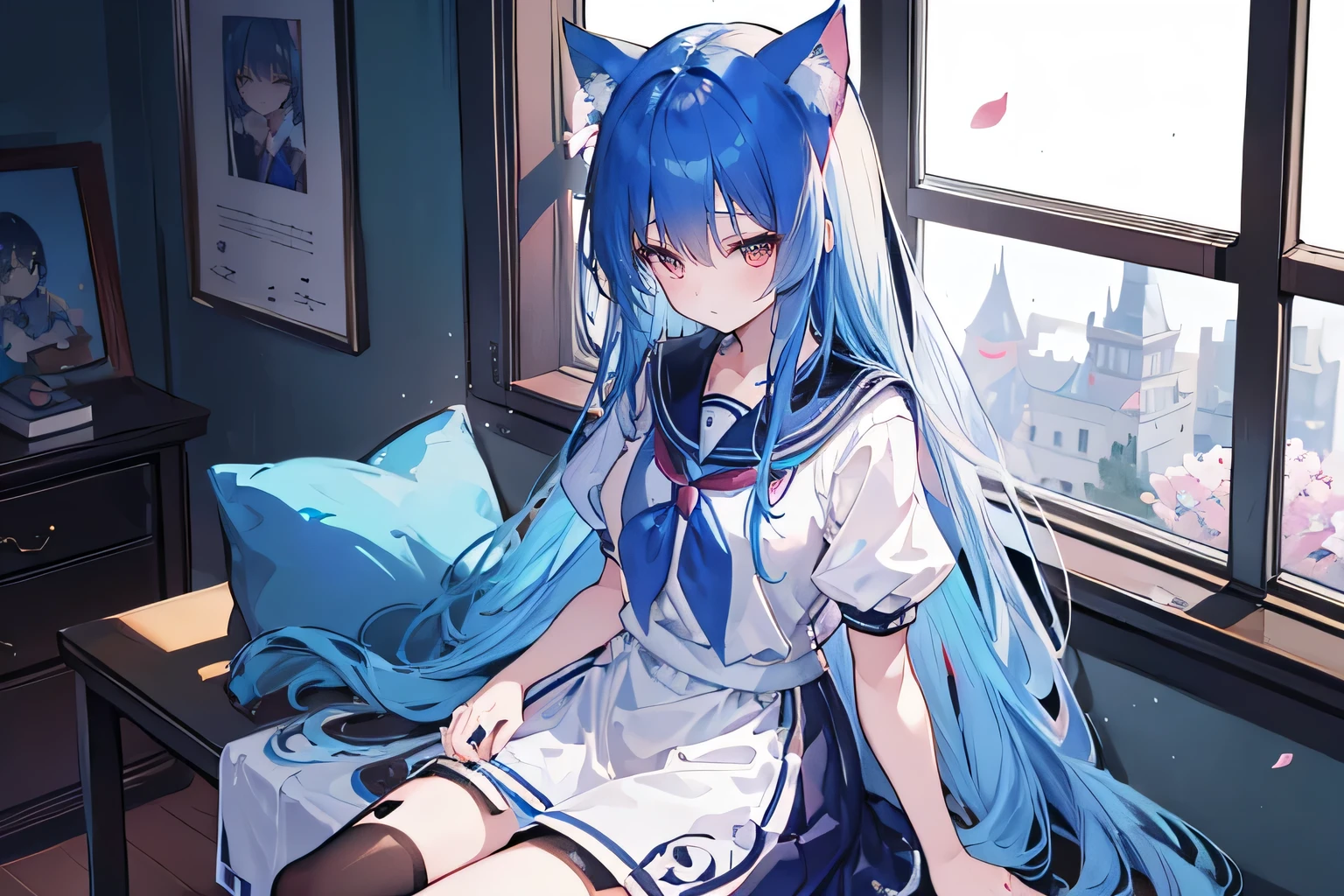 (masterpiece:1.2),Super detailed,lifelike,Expressive eyes,fair skin,perfect face shape,1 girl,
Japanese comics,Gorgeous blue hair,flowing blue hair,flowing clothes,Cat ears,Petals fall,beautiful lola,Baby Angel,
Broken hair curtain,A faint smile,Black and white sailor school uniform,cropped shoulder,Super good figure,Color hairpin,Put your hands on your chest,Raise your head slightly,Short skirt,Black stockings,sitting on window sill drinking coffee and looking out the window。