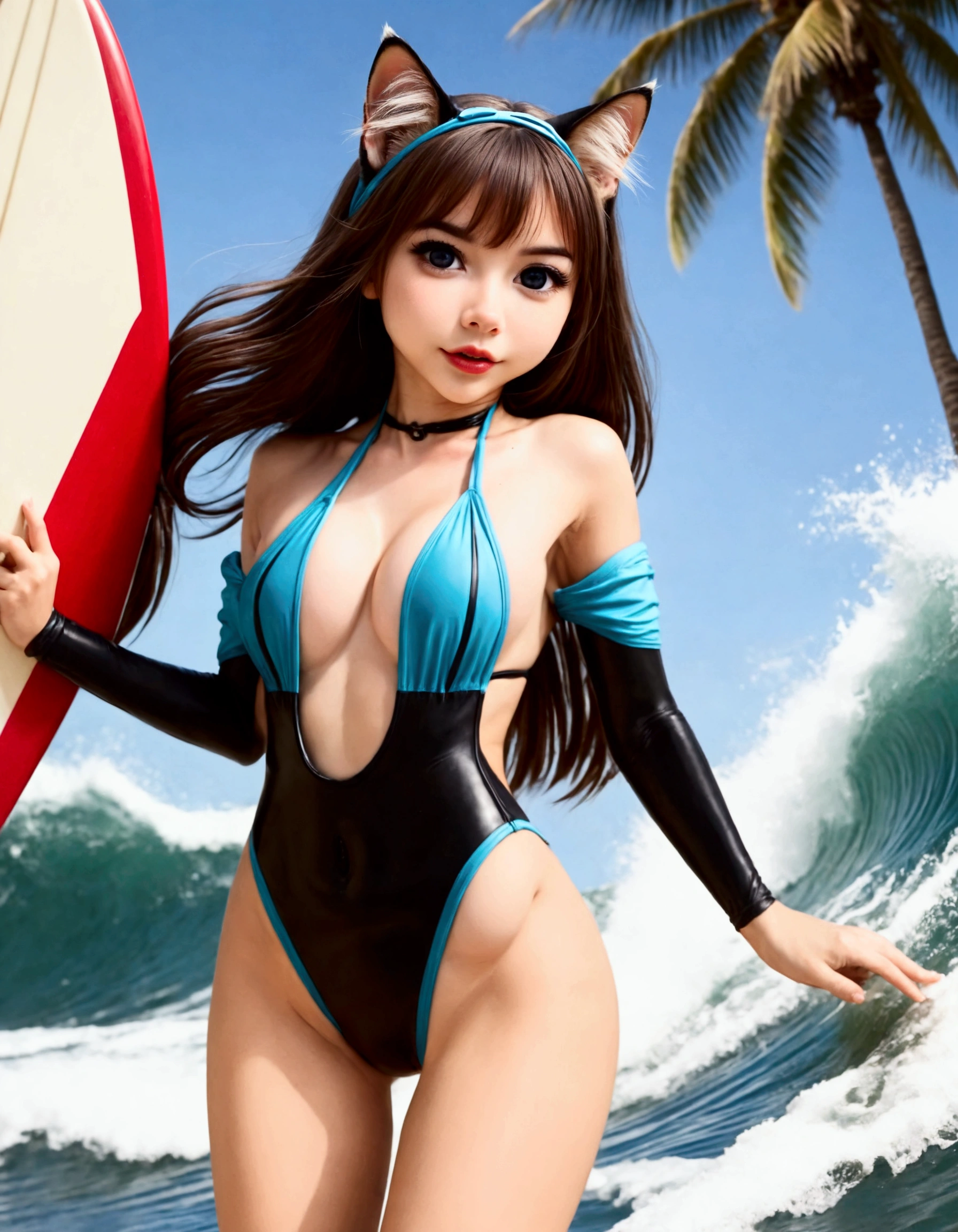 (cute woman, age 20, is an adorable sexy cat woman, big eyes, cute swimsuit, fluffy tail), she is surfing on small waves, super cute, so excited, show her from head to toe, hawaii
