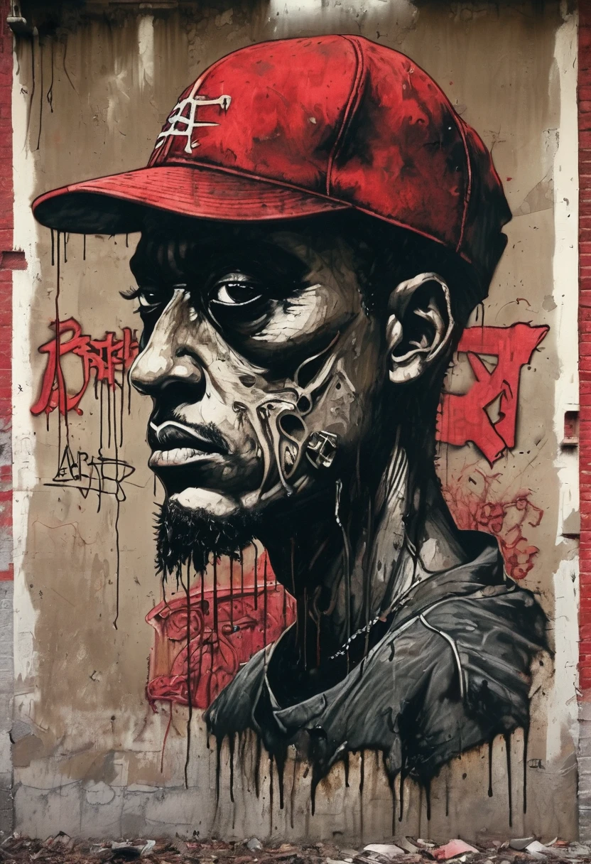 (Gangsta Rap Old School Rap 1990) Graffiti on the wall, Abandoned warehouse, granular, Sepia, Spooky environment, Dark Red. Creepypasta - Rappers wearing baseball caps, A spooky look from the shadows. style:Charlie Boyett, Albert Joseph Penaud, Dariusz Zawadzki. tetsuya ishida. Zdzislaw Beksiński. Patrizia Piccinini. Mark Powell. Sven 37. Liquid ink painting,Splash Ink, アンナ・ダイエットマンのstyle,Garbage Boy,, Ink Art, Side view,ヒップホップファッションデザインstyle