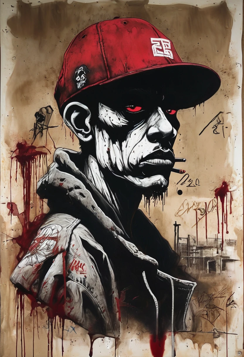 (Gangsta Rap Old School Rap 1990) Graffiti on the wall, Abandoned warehouse, granular, Sepia, Spooky environment, Dark Red. Creepypasta - Rappers wearing baseball caps, A spooky look from the shadows. style:Charlie Boyett, Albert Joseph Penaud, Dariusz Zawadzki. tetsuya ishida. Zdzislaw Beksiński. Patrizia Piccinini. Mark Powell. Sven 37. Liquid ink painting,Splash Ink, アンナ・ダイエットマンのstyle,Garbage Boy,, Ink Art, Side view,ヒップホップファッションデザインstyle