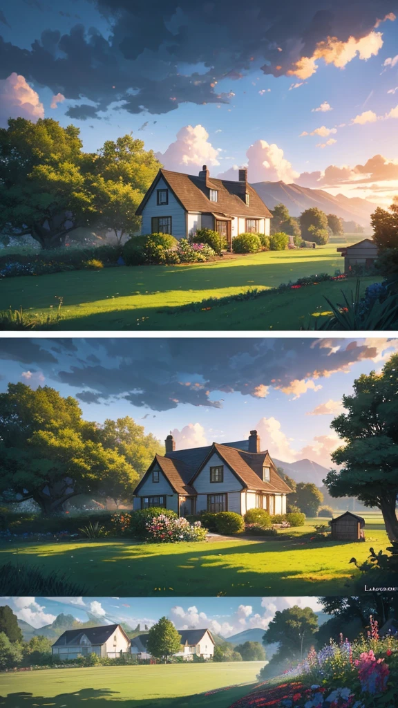 A stunning landscape with a cory cottage nestled in a lush, grassy field under a dramatic, cloud-filled sky. The scene features a large, vibrant tree in the foreground, with flowers and other greenery surrounding the cottage. The clouds in the sky are a mix of warm, golden hues and deep blues, creating an enchanting and serene atmosphere. This prompt could be described as: A serene, idyllic landscape with a charming cottage, lush greenery, and a dramatic, colorful sky, in the style of a digital painting or lustration