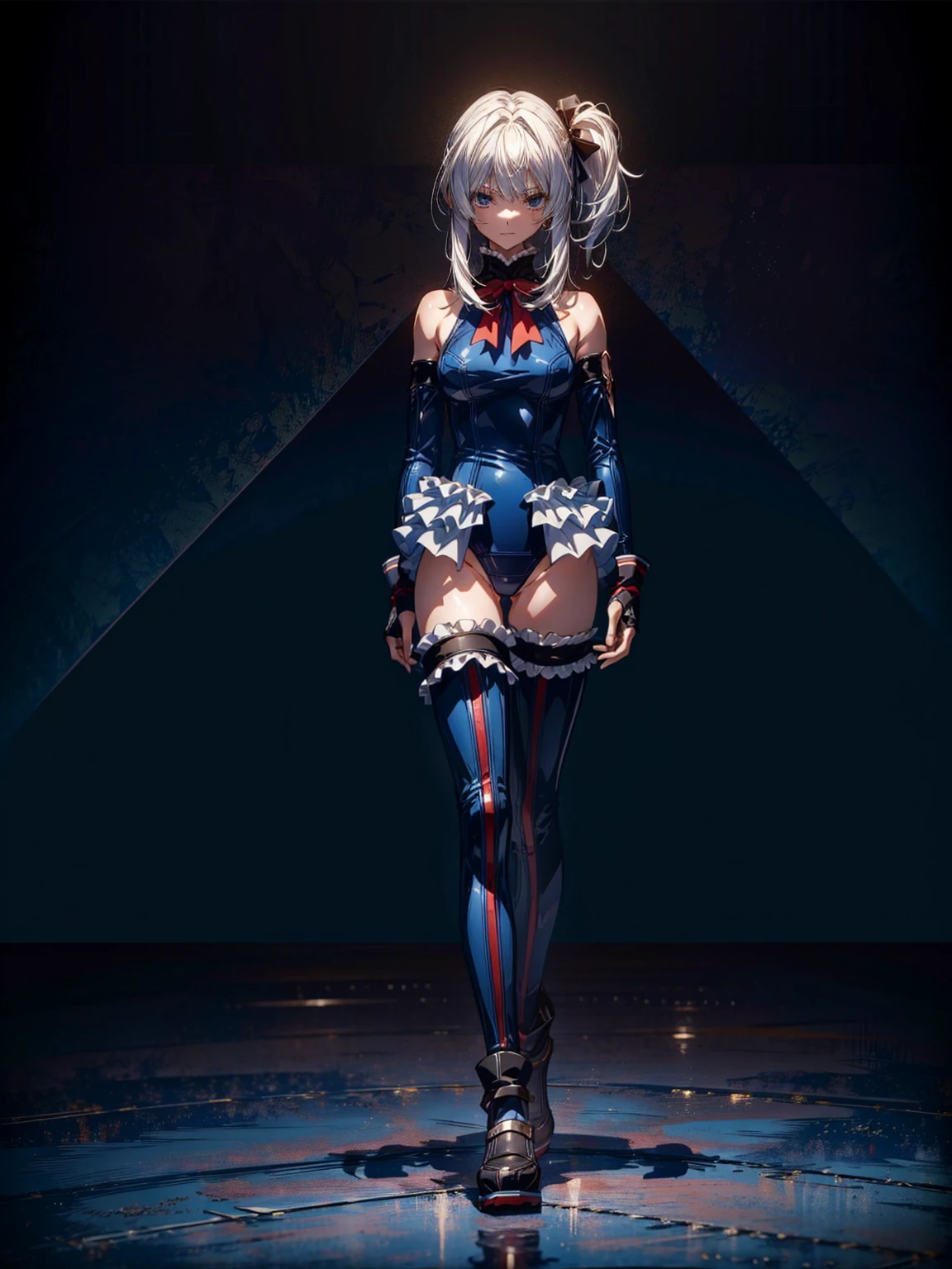 Masterpiece, Very detailed, Highest quality, Sharp focus, 12k, ultra hi resolution picture, big ,12k,Perfect Anatomy, Highest quality,,(Emotionless:1.2)
,Anime Style,(frilled swimsuit,thighhighs,detached sleeves), (Anime Style:1.4) ,
,(White fingers:1.1,Black gloves),
(Inside the fighting :1.1),,(full body:1.3),
