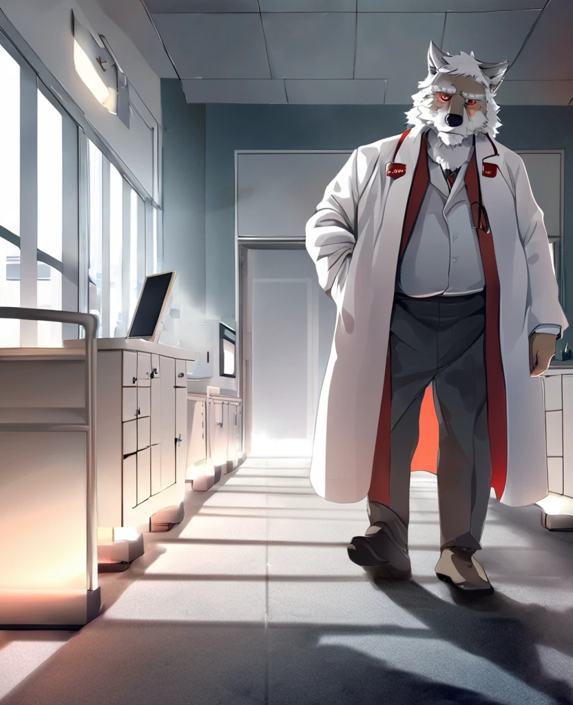 Solitary,Wolf,personification,Mature male,old,White hair,Red pupil,White doctor robe,The Age of Steam,Hospital Office,A creative perspective。