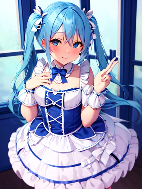 high quality,masterpiece。Cute blue haired human crossdresser,His hair is in long twin tails。He stands upright with his face and body facing the viewer.,True Identity。His hands are empty,Don't move your hands。he looks like this 。His chest is flat,Good style。He is smiling with a cute face,Eye color is blue,Both are the same color。Magical Girl Costume,Costumes with flashy designs such as ribbons and frills,The costume has a white and light blue color scheme..。スカートはmini skirt,両手にLong gloves,Long socks on both feet,mini skirt, Long gloves, The long socks are all white.。He stands,You are standing indoors。