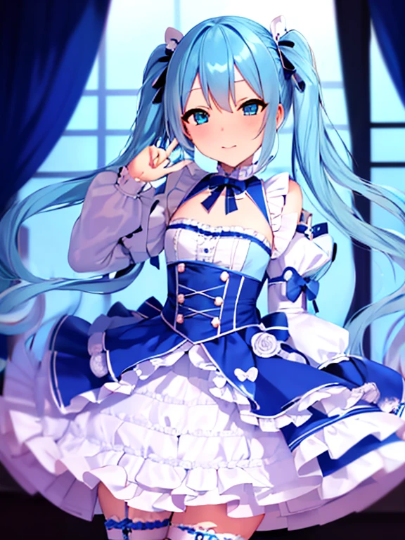 high quality,masterpiece。Cute blue haired human crossdresser,His hair is in long twin tails。He stands upright with his face and body facing the viewer.,True Identity。His hands are empty,Don't move your hands。he looks like this 。His chest is flat,Good style。He is smiling with a cute face,Eye color is blue,Both are the same color。Magical Girl Costume,Costumes with flashy designs such as ribbons and frills,The costume has a white and light blue color scheme..。スカートはmini skirt,両手にLong gloves,Long socks on both feet,mini skirt, Long gloves, The long socks are all white.。He stands,You are standing indoors。