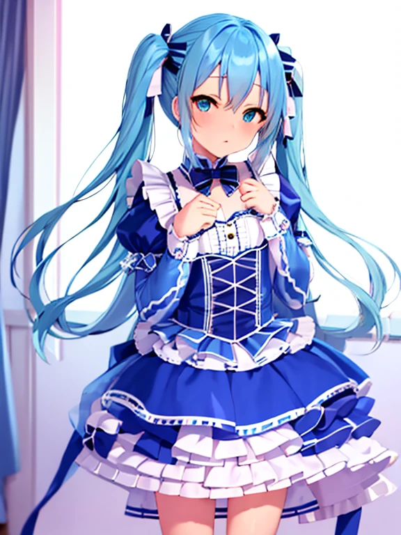 high quality，masterpiece。Cute blue haired human crossdresser，His hair is in long twin tails。He stands upright with his face and body facing the viewer.，True Identity。His hands are empty，Don&#39;t move your hands。he looks like this 。His chest is flat，Good style。He is smiling with a cute face，Eye color is blue，Both are the same color。Magical Girl Costume，Costumes with flashy designs such as ribbons and frills，The costume has a white and light blue color scheme..。スカートはmini skirt，両手にLong gloves，Long socks on both feet，mini skirt, Long gloves, The long socks are all white.。He stands，You are standing indoors。
