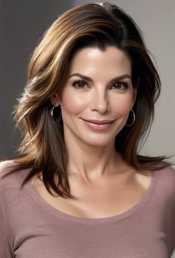 a woman sandra Bullock flirty smiling, wearing a long sleeve tshirt with mom jeans, 30 years old, entire body visible, short plump body, chubby, detailed facial features, beautiful detailed eyes, beautiful detailed lips, extremely detailed eyes and face, long eyelashes, detailed clothing, realistic, photorealistic, photo-realistic:1.37, best quality,4k,8k,highres,masterpiece:1.2,ultra-detailed,realistic lighting, warm color tones, soft focus, beautiful skin, natural expression