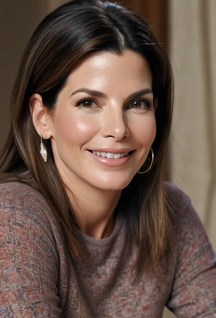 a woman sandra Bullock flirty smiling, wearing a long sleeve tshirt with mom jeans, 30 years old, entire body visible, short plump body, chubby, detailed facial features, beautiful detailed eyes, beautiful detailed lips, extremely detailed eyes and face, long eyelashes, detailed clothing, realistic, photorealistic, photo-realistic:1.37, best quality,4k,8k,highres,masterpiece:1.2,ultra-detailed,realistic lighting, warm color tones, soft focus, beautiful skin, natural expression