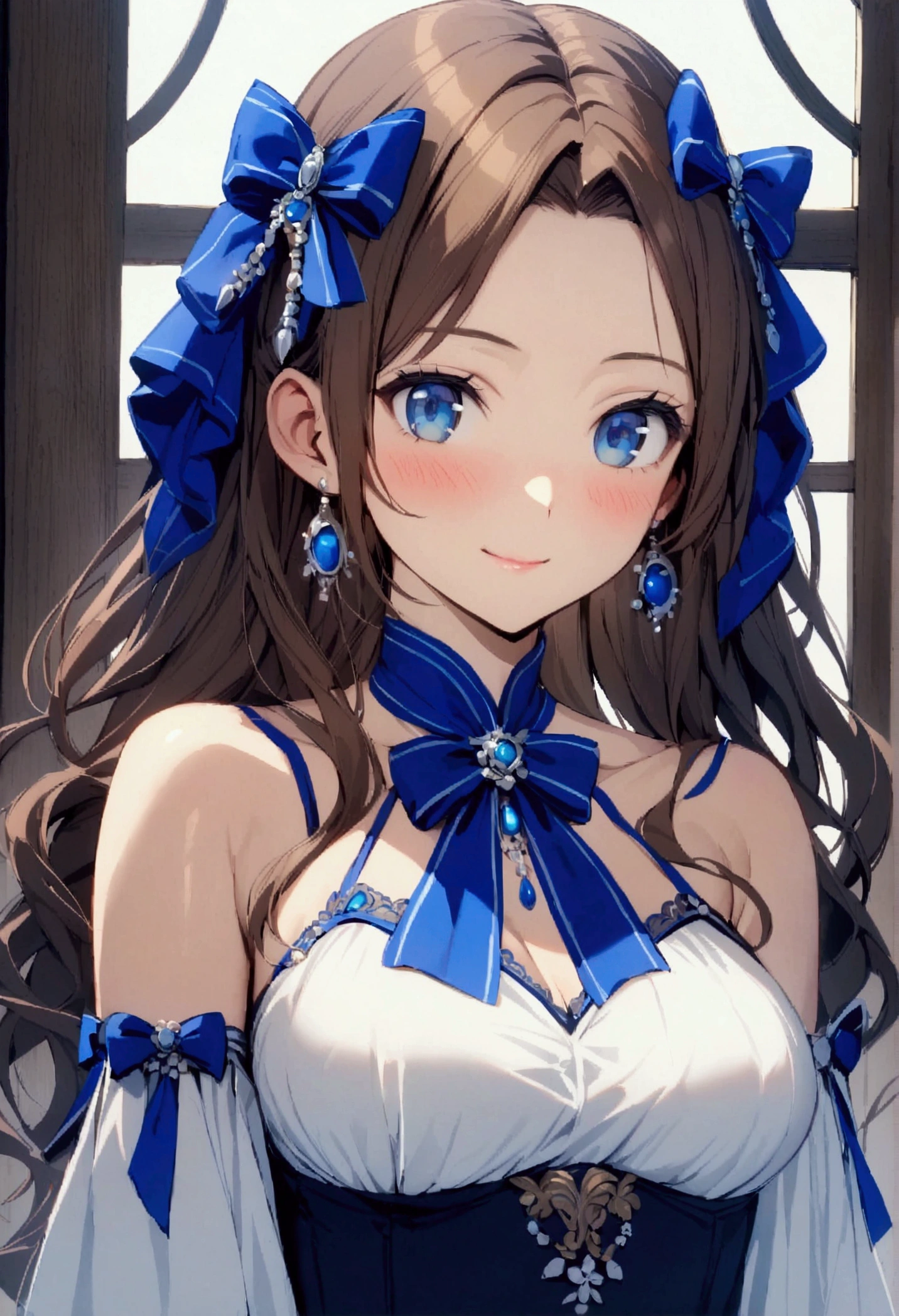 slender, mature female,1girl, breasts, rating:questionable, blue_eyes, brown_hair, long_hair, solo, looking_at_viewer, forehead, closed_mouth, smile, bangs, bow, blush, hair_bow, ribbon, blue_ribbon, indoors, upper_body, medium_breasts, jewelry, small_breasts, blue_bow, collarbone, blue_neckwear,  bare_shoulders, parted_bangs, hair_ribbon, hair_ornament, eyebrows_visible_through_hair, earrings