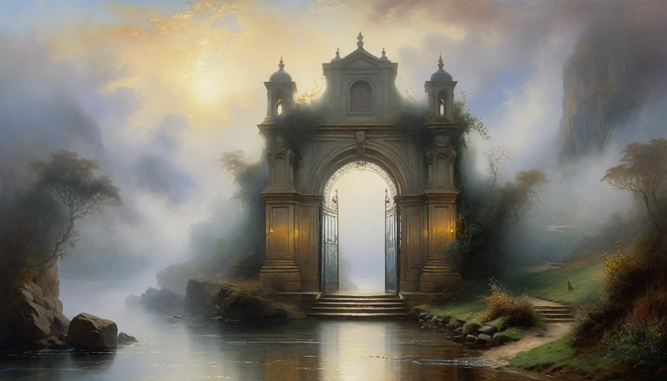 Detailed oil painting of a mysterious gateway surrounded by thick fog and shrouded in mystery, inspired by the works of Thomas Moran and Claude Monet, realistic style with intricate details, long shot perspective, dramatic lighting, using techniques from the old masters such as Rembrandt and Jan van Eyck.