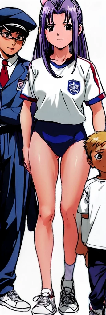 Momoko Koigakubo, a tall girl with beautiful legs, is standing with a smile on her face in a white gym uniform and light navy blue bloomers that look like panties.。Momoko Koigakubo is holding the shoulders of a boy wearing a tracksuit。