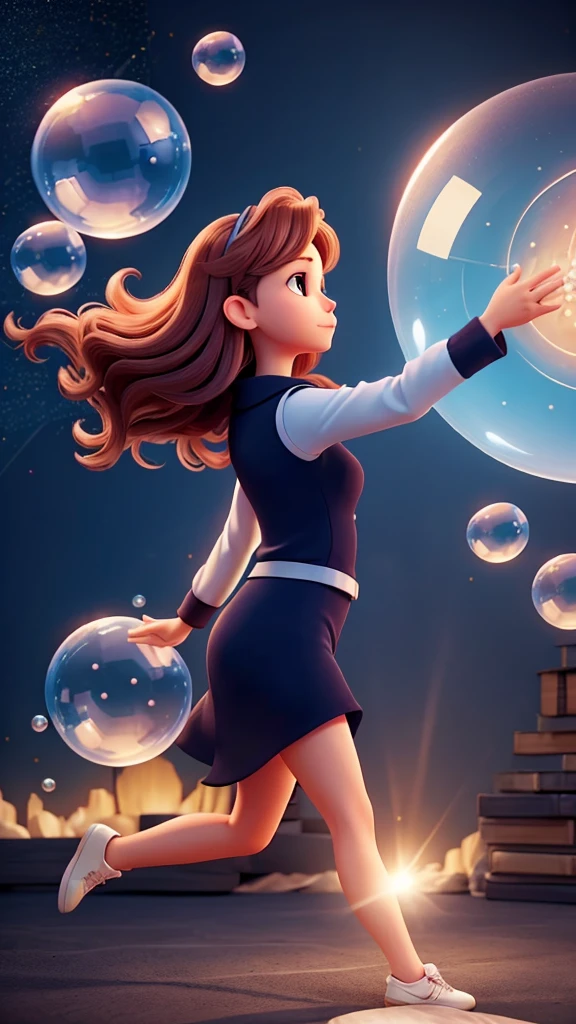 Dreams and Reality: Woman reaching for a dream bubble with success images.