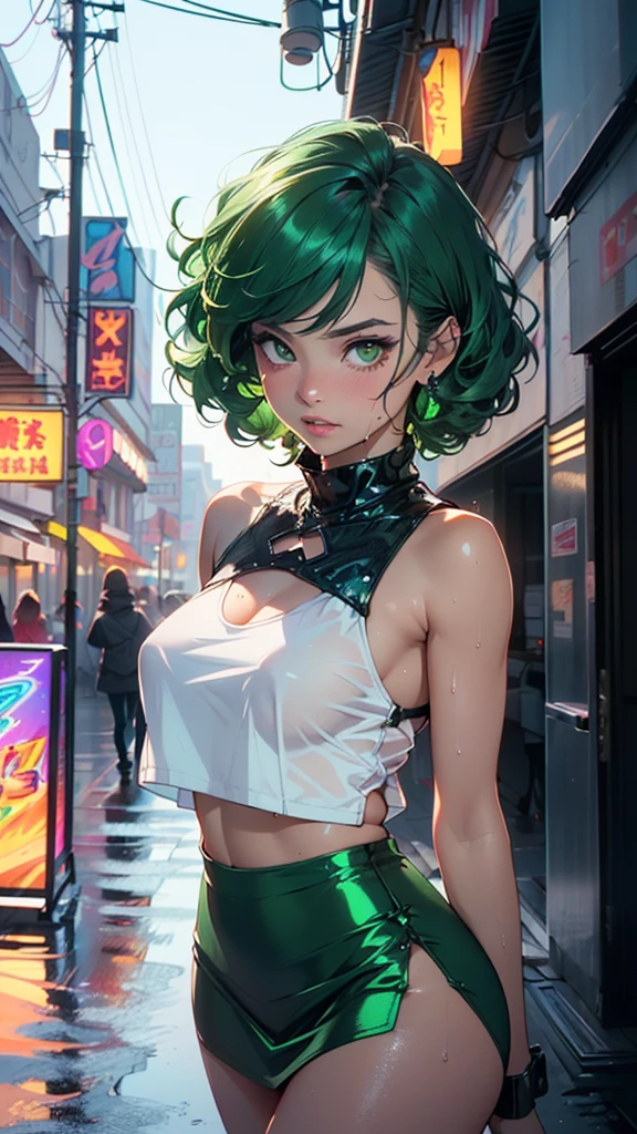 girl youtuber,(((1girl))),((extremely cute and beautiful green curly-haired girl)),

(short breasts:1.4),big butt,(((green curly hair:1.35,very curly hair,colored inner hair,ear breathing,short hair))),(((green_eyes:1.3))),intricate eyes,beautiful detailed eyes,symmetrical eyes,big eyes:1.3,((fat)),(((lustrous skin:1.5,bright skin: 1.5,skin tanned,shiny skin,very shiny skin,shiny body,plastic glitter skin,exaggerated shiny skin,illuminated skin,wet legs))),detailed body,(detailed face),

cute,slutty,seductive,erotic,(((nsfw))),

zettai ryouiki,revealing clothing,show skin,((rave mini-skirt,visible thong straps,white loose tank top with an anime art print)),((wet clothes,intricate outfit,intricate clothes)),

(dynamic pose:1.0),embarrassed,(centered,scale to fit dimensions,Rule of thirds),

cyberpunk city by the ocean at night, with bright neon signs and dark stormy clouds and puddles, scenery:1.25,

artistic photography,(photography taken by sldr),highres, sharp focus, (ultra detailed, extremely detailed), (photorealistic artwork:1.37),(extremely detailed CG unity 8k wallpaper),((synthwave background theme)),(((vibrant colors))),(intricate background),(masterpiece),(best quality),