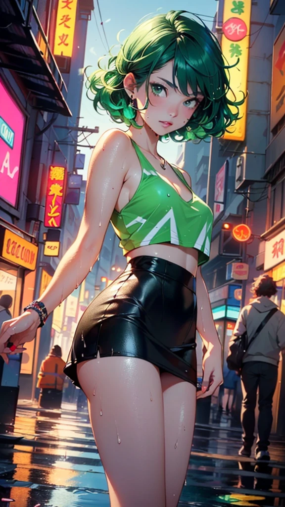 girl youtuber,(((1girl))),((extremely cute and beautiful green curly-haired girl)),

(short breasts:1.4),big butt,(((green curly hair:1.35,very curly hair,colored inner hair,ear breathing,short hair))),(((green_eyes:1.3))),intricate eyes,beautiful detailed eyes,symmetrical eyes,big eyes:1.3,((fat)),(((lustrous skin:1.5,bright skin: 1.5,skin tanned,shiny skin,very shiny skin,shiny body,plastic glitter skin,exaggerated shiny skin,illuminated skin,wet legs))),detailed body,(detailed face),

cute,slutty,seductive,erotic,(((nsfw))),

zettai ryouiki,revealing clothing,show skin,((rave mini-skirt,visible thong straps,white loose tank top with an anime art print)),((wet clothes,intricate outfit,intricate clothes)),

(dynamic pose:1.0),embarrassed,(centered,scale to fit dimensions,Rule of thirds),

cyberpunk city by the ocean at night, with bright neon signs and dark stormy clouds and puddles, scenery:1.25,

artistic photography,(photography taken by sldr),highres, sharp focus, (ultra detailed, extremely detailed), (photorealistic artwork:1.37),(extremely detailed CG unity 8k wallpaper),((synthwave background theme)),(((vibrant colors))),(intricate background),(masterpiece),(best quality),