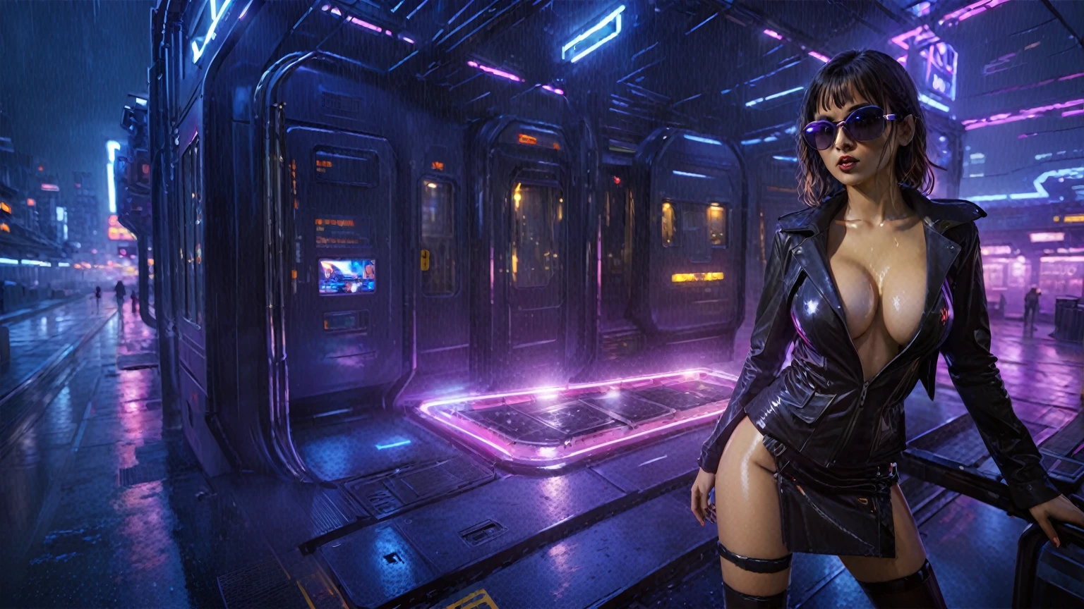 (aerial view), Blade Runner style futuristic railway platform, hi-tech train, neon lights, rainy night. (((1girl, solo, alone))), large-breast C-cup slim:0.9 body, cleavage:1.1, sexy miniskirt, (black sunglasses), ((holding a mini:1.2 pistol)), dynamic pose, half-body thigh level medium shot, cinematic lighting, ray tracing.