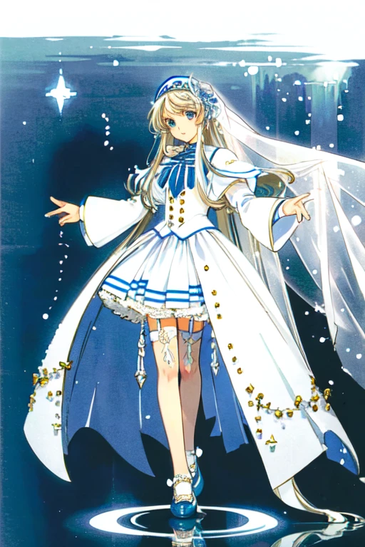 (solo:1.5), long hair, bride, blode hair, (white wedding dress), white thighhighs, white garter straps, white pointed toe flats, standing, full body, 