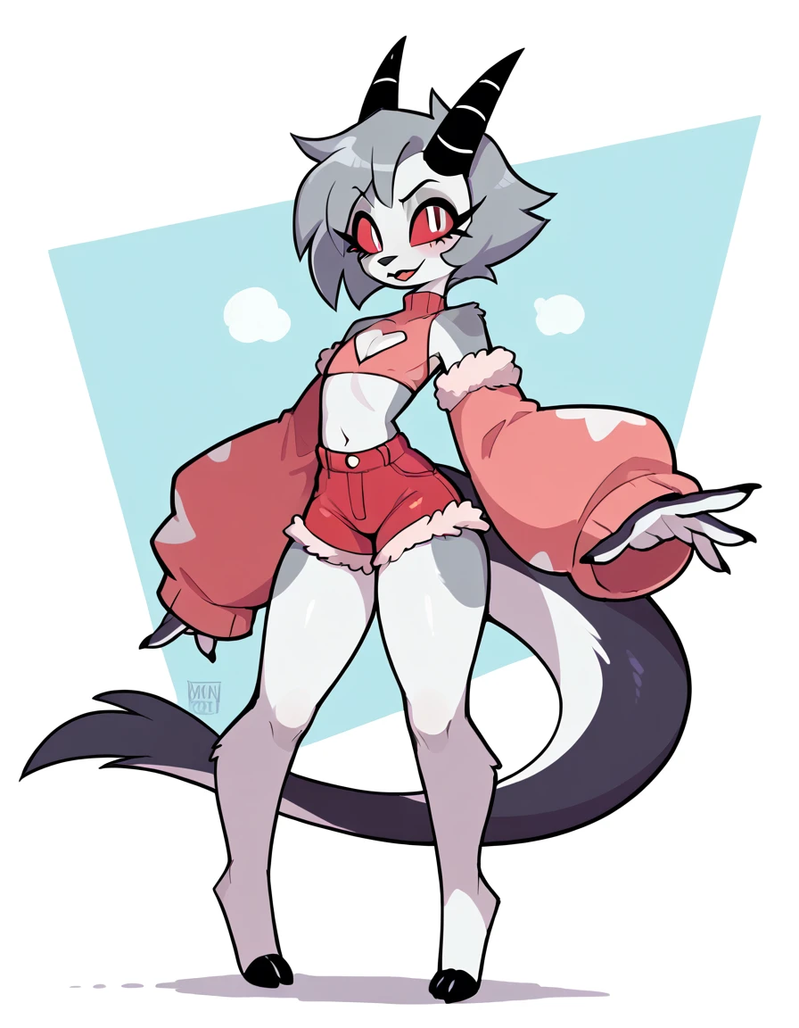 An original character, anthropomorphic, feminine, tall character, wearing a very attractive and cool outfit, wearing some accessories, on a simple background, cartoon art style "Helluva Boss"