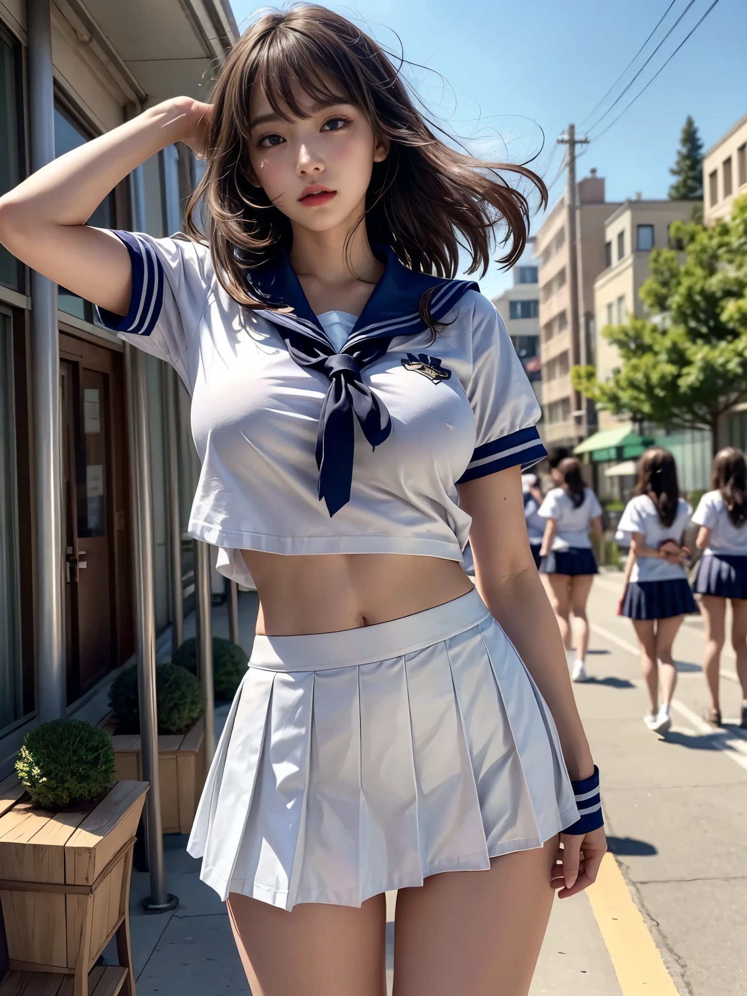 (Super realistic), (An illustration), (High resolution), (8K), (very detailed), (The best An illustrationneautiful detailed eyes), (highest quality), (very detailed), (masterpiece), high school, (detailed face), solo, Sexy , big breasts,white wavy hair, dichromatic eyes, long legs, strong abdominal muscles, Dynamic Posing,mini skirt姿,sailor suit,One High School Girl,make underwear visible,Street style,retrospective perspective,(Skirt blowing in the wind,Skirt with visible buttocks,)various poses,mini skirt,sexy panties,(((Lifting the skirt with your hands)))