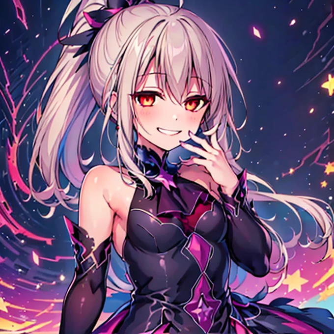 (Highest quality:1.2), 1 girl, Vibrant colors, Dreamy lighting, detailed floral background, Wicked Smile, alone, ponytail, Star-shaped hairpin, Black feather hairpin, nail art