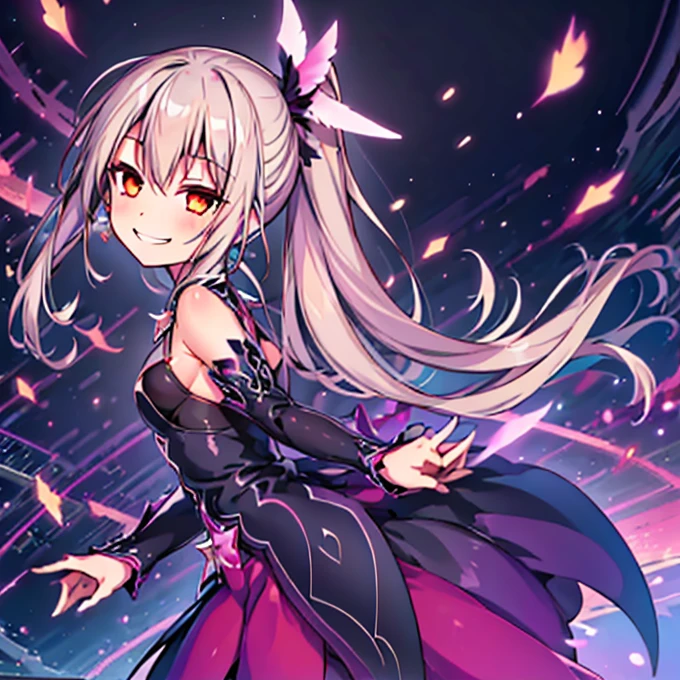 (Highest quality:1.2), 1 girl, Vibrant colors, Dreamy lighting, detailed floral background, Wicked Smile, alone, ponytail, Star-shaped hairpin, Black feather hairpin, nail art
