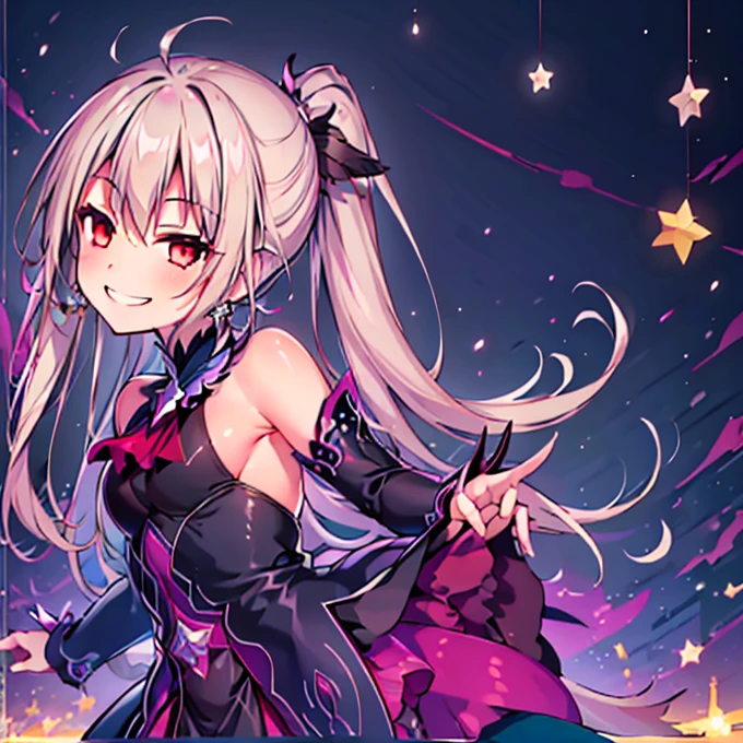 (Highest quality:1.2), 1 girl, Vibrant colors, Dreamy lighting, detailed floral background, Wicked Smile, alone, ponytail, Star-shaped hairpin, Black feather hairpin, nail art