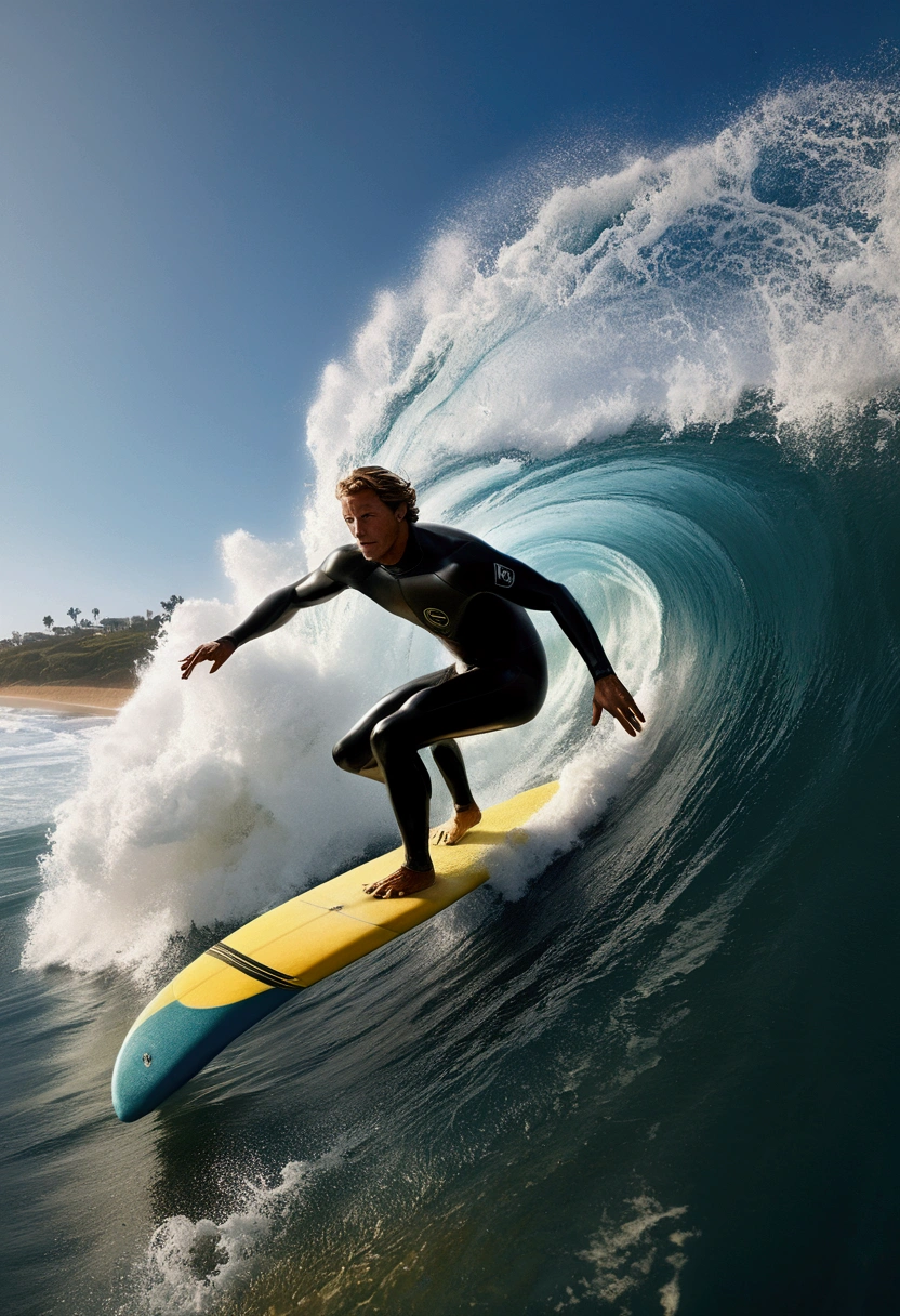 (Ultra-realistic Surfing), wearing Professional sportswear, Capture the moment when a surfer sprints through the waves. The waves are like a wall, and the surfers shuttle through it, showing the conquest of nature and the challenge of their own limits, delicate chromatics, captivating chiaroscuro, dynamic movement, (special effects:0.1), full body, award-winning, cinematic still, emotional, vignette, dynamic, vivid, (masterpiece, best quality, photorealistic, Professional, perfect composition, very aesthetic, absurdres, ultra-detailed, intricate details:1.3)
