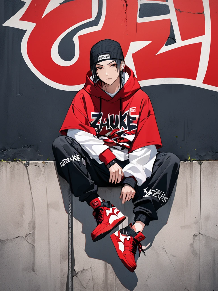 PHOTO OF AN ADULT NAME NAMED ZAZUKE, WEARING STREET  HIP-HOP CLOTHES, BROUGHT HIP-HOP PANTS, RED SHOES, SITTING LEFT ON THE WALL WITH AN ABSTRACT CALLIGRAPHY PAINTING,